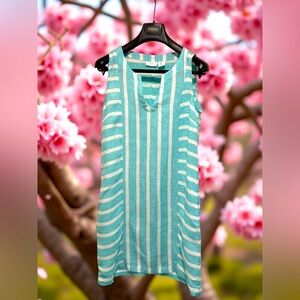 Singrid Olsen EUC Sz XS Teal & White Striped Sleeveless Linen Mini Dress (0583)